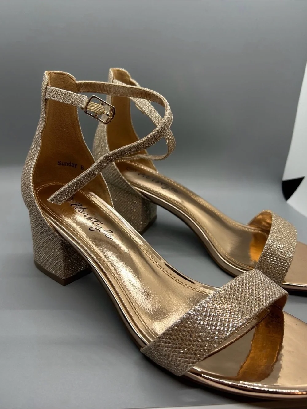 Herstyle Rose Gold Glitter Ankle-Strap Block Heels
